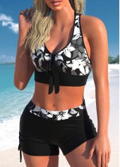 Black swimwear,Floral swimwear,Plants swimwear,ROTITA Bowknot Black Floral Print Bikini Top