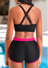 Hot Pink swimwear,Black swimwear,Contrast Color swimwear,ROTITA Criss Cross Hollow Hot Pink Bikini Top