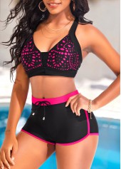 Hot Pink swimwear,Black swimwear,Contrast Color swimwear,ROTITA Criss Cross Hollow Hot Pink Bikini Top