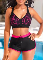 Hot Pink swimwear,Black swimwear,Contrast Color swimwear,ROTITA Criss Cross Hollow Hot Pink Bikini Top