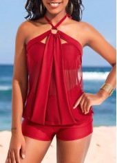 Red swimwear,Plain Color swimwear,ROTITA Metal Ring Halter Red Tankini Top