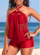 Red swimwear,Plain Color swimwear,ROTITA Metal Ring Halter Red Tankini Top