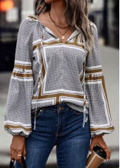 Tie Plaid Black V Neck Long Sleeve Blouse