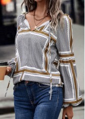 Black tops,Plaid tops,Geometric tops,Striped tops,Tie Plaid Black V Neck Long Sleeve Blouse