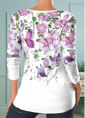 White tops,Floral tops,Animal Print tops,ROTITA Split Floral Print White Long Sleeve T Shirt