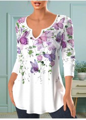 White tops,Floral tops,Animal Print tops,ROTITA Split Floral Print White Long Sleeve T Shirt