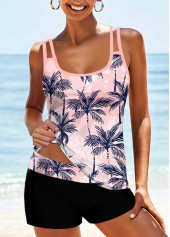 Pink Tropical Plants Print Tankini Set