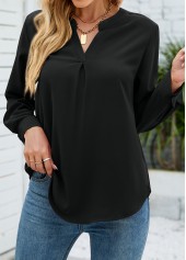 Split Neck Black Long Sleeve Blouse