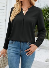 Black tops,Plain Color tops,Split Neck Black Long Sleeve Blouse