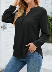 Black tops,Plain Color tops,Split Neck Black Long Sleeve Blouse