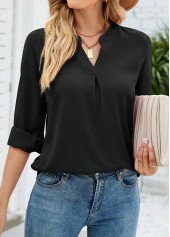 Black tops,Plain Color tops,Split Neck Black Long Sleeve Blouse