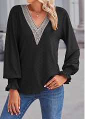 Black tops,Contrast Color tops,Lace Black V Neck Long Sleeve Blouse
