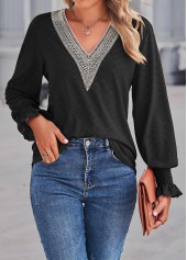 Black tops,Contrast Color tops,Lace Black V Neck Long Sleeve Blouse