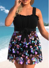 Black swimwear,Floral swimwear,ROTITA Bowknot Black Floral Print Swimdress Top