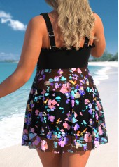 Black swimwear,Floral swimwear,ROTITA Bowknot Black Floral Print Swimdress Top