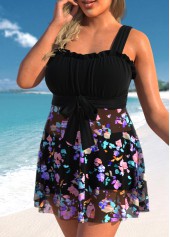 Black swimwear,Floral swimwear,ROTITA Bowknot Black Floral Print Swimdress Top