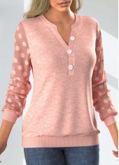 Pink tops,Plain Color tops,ROTITA Button Pink Split Neck Long Sleeve Sweatshirt
