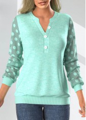 ROTITA Patchwork Mint Green Split Neck Long Sleeve Sweatshirt