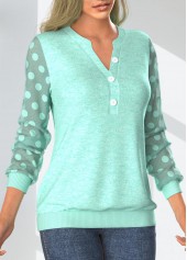 Mint Green tops,Plain Color tops,ROTITA Patchwork Mint Green Split Neck Long Sleeve Sweatshirt