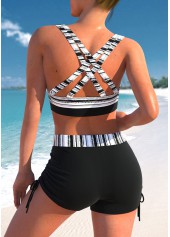 Black swimwear,White swimwear,Striped swimwear,ROTITA Drawstring Double Straps Black Striped Bikini Top