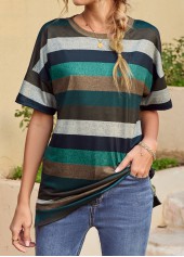 Split Striped Multi Color Round Neck T Shirt