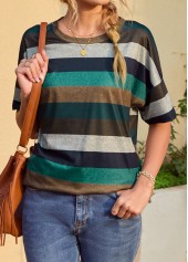 Multi Color tops,Striped tops,Geometric tops,Split Striped Multi Color Round Neck T Shirt
