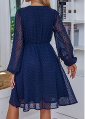 Navy dresses,Plain Color dresses,Button Navy V Neck Long Sleeve Dress