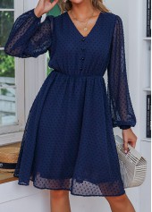 Button Navy V Neck Long Sleeve Dress
