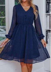 Navy dresses,Plain Color dresses,Button Navy V Neck Long Sleeve Dress