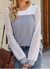 Light Grey tops,White tops,Contrast Color tops,Light Grey Round Neck Patchwork T Shirt