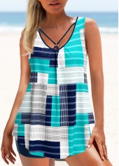 Cyan swimwear,Geometric swimwear,Striped swimwear,ROTITA Metal Ring Cyan Geometric Print Tankini Top