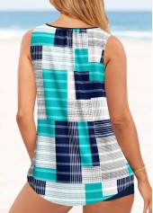 Cyan swimwear,Geometric swimwear,Striped swimwear,ROTITA Metal Ring Cyan Geometric Print Tankini Top