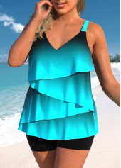 Cyan swimwear,Ombre swimwear,ROTITA Layered Hem Cyan Ombre Tankini Top