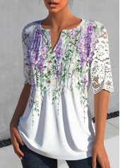 White tops,Floral tops,Plants tops,ROTITA Lace Floral Print White Split Neck Half Sleeve Blouse