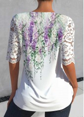 White tops,Floral tops,Plants tops,ROTITA Lace Floral Print White Split Neck Half Sleeve Blouse