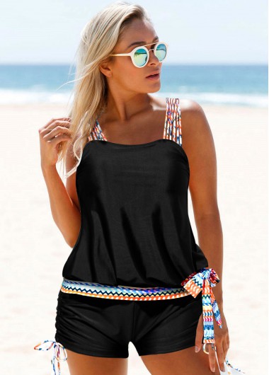 Black swimwear,Tribal swimwear,ROTITA Tribal Print Tie Side Black Tankini Set