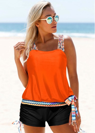 Tribal swimwear,ROTITA Tribal Print Tie Side Coral Orange Tankini Set