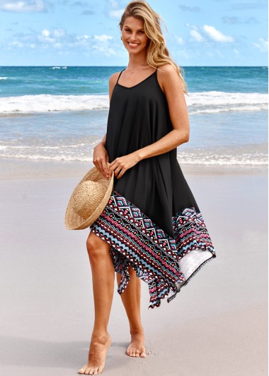 Black swimwear,Geometric swimwear,Tribal swimwear,ROTITA Handkerchief Hem Black Tribal Print Beach Dress