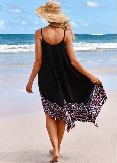 Black swimwear,Geometric swimwear,Tribal swimwear,ROTITA Handkerchief Hem Black Tribal Print Beach Dress