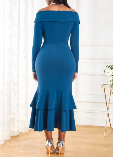 Peacock Blue dresses,Plain Color dresses,ROTITA Peacock Blue Long Sleeve Belted Mermaid Dress