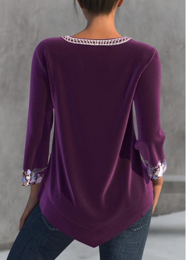 Purple tops,Tribal tops,Floral tops,Striped tops,ROTITA Split Tribal Print Purple 3/4 Sleeve Blouse