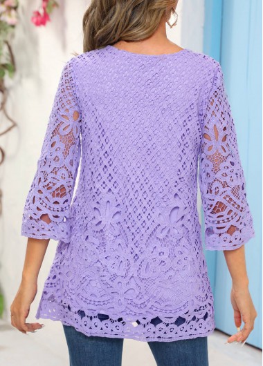 Light Purple tops,Plain Color tops,ROTITA Lace Light Purple Round Neck Blouse