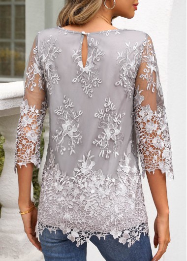 Grey tops,Plain Color tops,ROTITA Lace Grey Boat Neck 3/4 Sleeve Blouse