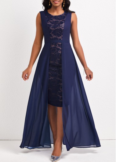 Navy dresses,Plain Color dresses,ROTITA Navy Sleeveless Lace Round Neck Maxi Dress