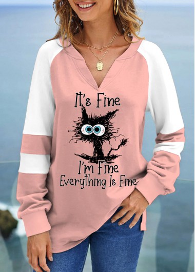 Light Pink tops,Letter tops,Animal Print tops,ROTITA Patchwork Letter Print Light Pink V Neck Sweatshirt