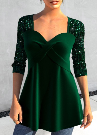 Green tops,Plain Color tops,ROTITA Sequin Green Heart Collar Long Sleeve T Shirt