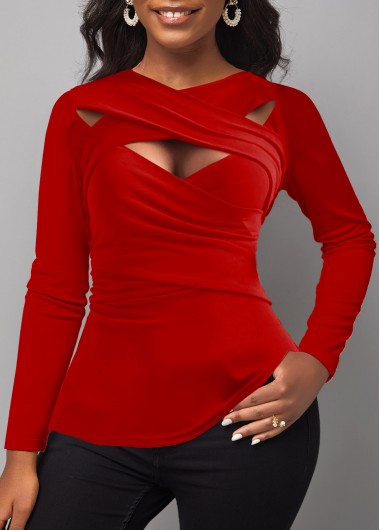 Red tops,Plain Color tops,ROTITA Surplice Red Cross Collar Long Sleeve T Shirt