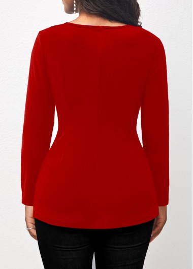 Red tops,Plain Color tops,ROTITA Surplice Red Cross Collar Long Sleeve T Shirt