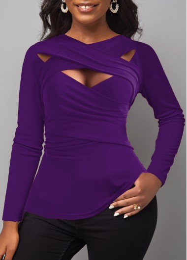 Purple tops,Plain Color tops,ROTITA Surplice Purple Cross Collar Long Sleeve T Shirt