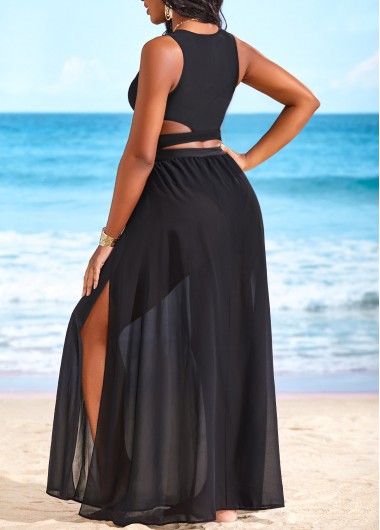Black swimwear,Plain Color swimwear,ROTITA Cut Out Side Slit Black Cover Up